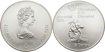 Канада 5 долларов 1974 XXI летние Олимпийские игры в Монреале 1976 года, гребля на каяке KM 92 серебро UNC 1095-6-32