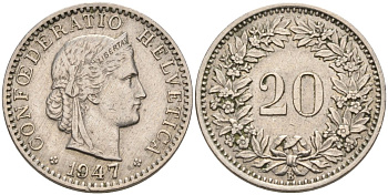 Швейцария 20 раппенов 1947 В KM 29а медно-никель 92-1251