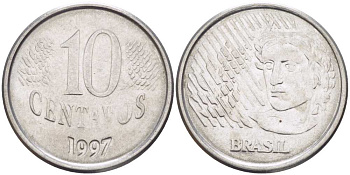 Бразилия 10 сентаво 1997 голова свободы KM 633 нержавеющая сталь 60-755