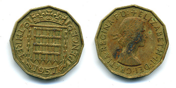 Великобритания 3 пенса 1957 Елизавета II (1952-2022) KM 900, Spink 4153 никель латунь 89-1323