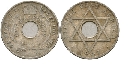 Британская Западная Африка 1/2 пенни 1947 KN, Георг VI KM 18 медно-никель 25-1027