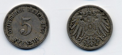 ГЕРМАНИЯ 5 ПФЕННИГОВ 1907 A, KM 11, J. 12 медно-никель 84-967