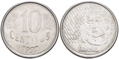 Бразилия 10 сентаво 1997 голова свободы KM 633 нержавеющая сталь 60-755