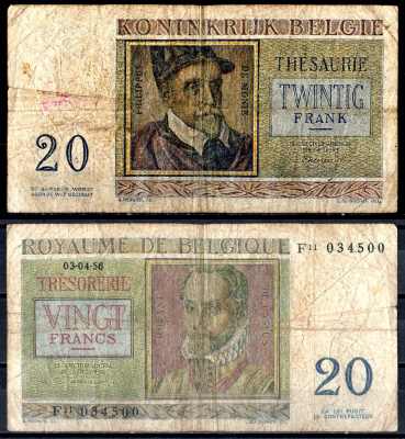 Бельгия 20 франков 1950/1956 Pick 132b бумага 6278-1-3-1