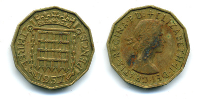 Великобритания 3 пенса 1957 Елизавета II (1952-2022) KM 900, Spink 4153 никель латунь 89-1323