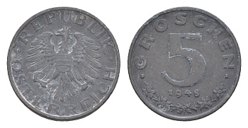 Австрия 5 грошей 1948 KM 2875 цинк 4567-136
