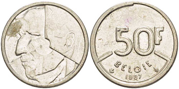 БЕЛЬГИЯ 50 ФРАНКОВ 1987 BELGIE, БОДУЭН I (1951-1993) KM 169 никель 4382-1241