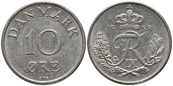 ДАНИЯ 10 ЭРЕ 1958 C; S, ФРЕДЕРИК IX (1947-1972) KM 841.2 медно-никель 116-218