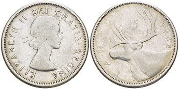 Канада 25 центов 1962 Елизавета II (1952-2022), олень KM 52 серебро 4448-955