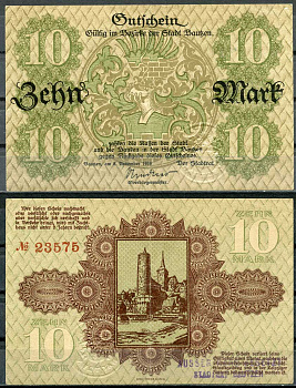 Германия, Баутцен 10 марок 1918 нотгельд, 8.11.1918, цифры широкие Gei.030.02  бумага  UNC (пресс) 444-96-2-2