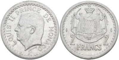 Монако 2 франка 1943 Луи II (1922-1949) KM 121 алюминий 190-545