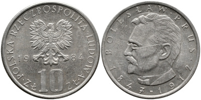ПОЛЬША 10 ЗЛОТЫХ 1984 MW, БОЛЕСЛАВ ПРУС KM 73 медно-никель UNC 441-833