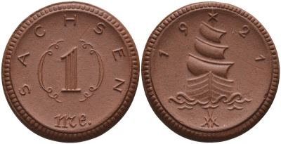 Саксония 1 марка 1921 парусник J. N 55 фарфор 1094-3-52