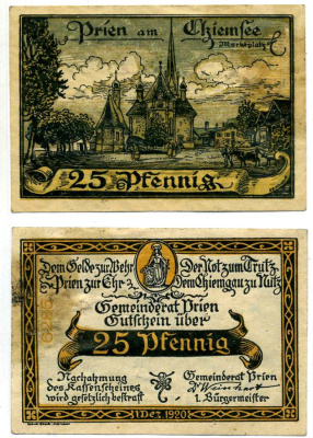 Прин-ам-Камзее 25 пфеннигов 1920 1 декабря 1920, нотгельд, земля Бавария Grabowski 1074.3а бумага 2193-21-1-2