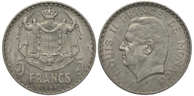 Монако 5 франков 1945 Луи II (1922-1949) KM 122 алюминий 1515-2045