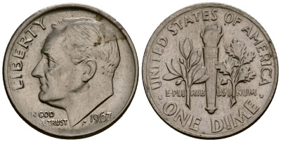 США 10 центов (дайм) 1967 Рузвельт KM 195a медь плакированная медно-никелем 4164-934