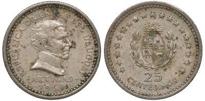 Уругвай 25 сентесимо 1960 KM 40 медно-никель 4169-811