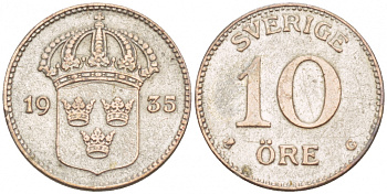 Швеция 10 эре 1935 G, Густав V (1907-1950) KM 780 серебро 4547-1055