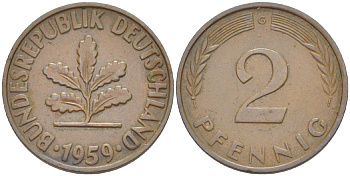 ФРГ 2 ПФЕННИГА 1959 G KM 106, J. 381 бронза 4181-721
