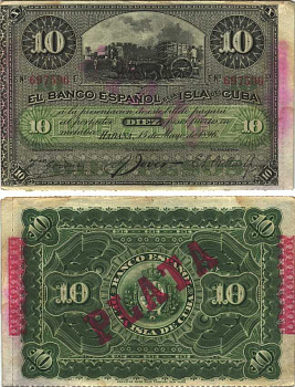 Куба 10 песо 1896 Испанская Администрация, надпечатка PLATA Pick 49 d бумага аUNC 7116-7-2-2