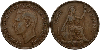 Великобритания 1 пенни 1940 Георг VI (1936-1952) KM 845, Spink 4114 бронза 4599-243