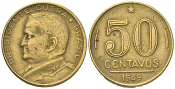 Бразилия 50 сентаво 1949 Эурику Дутра KM 563, Schon 68 алюминиевая бронза 4611-667