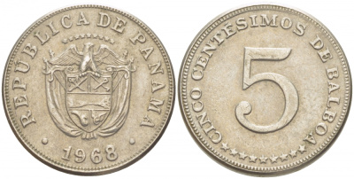Панама 5 сентесимо 1968 KM 23.2 медно-никель 261-355