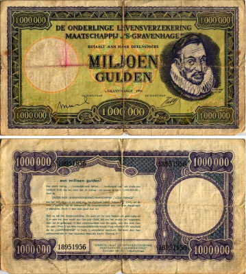 НИДЕРЛАНДЫ КУПОН НА 1000000 ГУЛЬДЕНОВ 1956 ГААГА, СТРАХОВОЕ ОБЩЕСТВО s-gravenhage ПО СТРАХОВАНИЮ ЖИЗНИ бумага VG 505-26