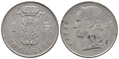 Бельгия 1 франк 1960 Belgie, Бодуэн I (1951-1993) KM 143.1 медно-никель 4382-1125