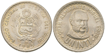 Перу 1 инти 1985 LIMA, Мигель Грау KM 296 медно-никель aUNC 4364-4411