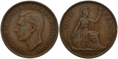 Великобритания 1 пенни 1940 Георг VI (1936-1952) KM 845, Spink 4114 бронза 4599-243