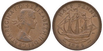 Великобритания 1/2 пенни 1964 Елизавета II (1952-2022) KM 896, Spink 4158 бронза 4146-1031