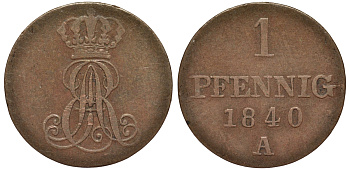 Ганновер 1 пфенниг 1840 A, Эрнст Август (1837-1851) KM 173.1, AKS 126, J. 54 медь 75-1542