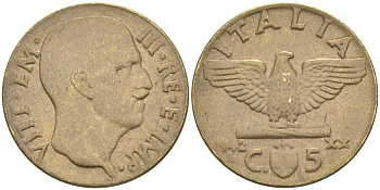 ИТАЛИЯ 5 ЧЕНТЕЗИМО 1942 R, ГОД XX, ВИКТОР ЭММАНУИЛ III (1900-1946) KM 73a, VEM3. 0956 алюминиевая бронза 3853-245