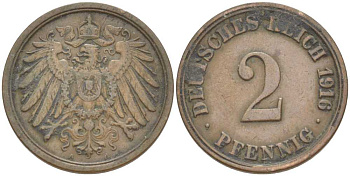 Германия 2 пфеннига 1916 A KM 16, J. 11, Weege 4 медь 212-427