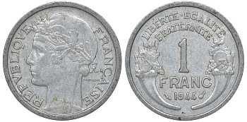 Франция 1 франк 1944 KM 885a.1 алюминий 4163-432