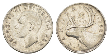 Канада 25 центов 1952 Георг VI (1936-1952), олень KM 44 серебро 4631-856