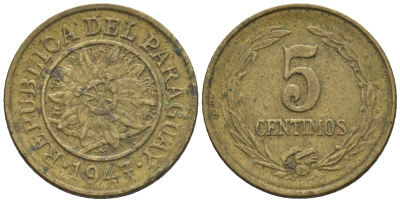 Парагвай 5 сентимо 1947  KM 21 алюминиевая бронза    220-1015