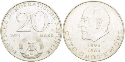 ГДР 20 марок 1973 А, Отто Гротеволь (1894-1964) KM 47 медно-никель 4521-543