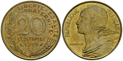 Франция 20 сантимов 1988 тип Marianne KM 930 медь алюминий никель 4135-627