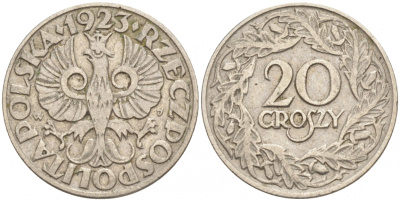 ПОЛЬША 20 ГРОШЕЙ 1923 KM 12 никель 4516-245