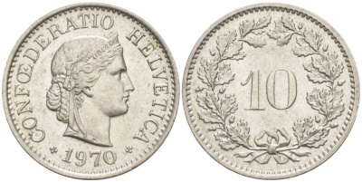 Швейцария 10 раппенов 1970 KM 27 медно-никель 55-434