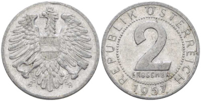 АВСТРИЯ 2 ГРОША 1957 KM 2876 алюминий 75-535