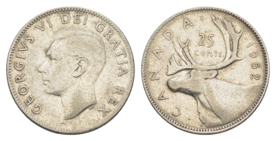 Канада 25 центов 1952 Георг VI (1936-1952), олень KM 44 серебро 4631-856