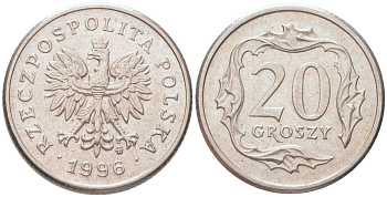 Польша 20 грошей 1996 MW KM 280 медно-никель UNC 4614-647