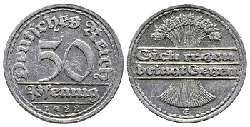 ГЕРМАНИЯ 50 ПФЕННИГОВ 1922 FG KM 27, J. 301, Weege 10 алюминий 4380-923