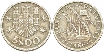 Португалия 5 эскудо 1966 парусник KM 591 медно-никель 77-357
