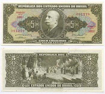 БРАЗИЛИЯ 5 КРУЗЕЙРО 1962 ESTAMPA 2A, СЕРИЯ 3483А, БАРАО ДО РИО БРАНКО Pick 176а бумага UNC (ПРЕСС) 8595-32-2-2