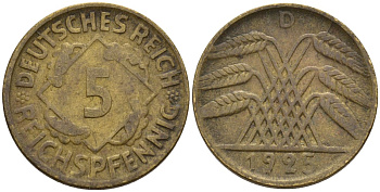 Германия 5 рейхспфеннигов 1925 D KM 39, J. 316 алюминиевая бронза 4151-721