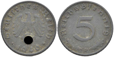 ГЕРМАНИЯ 5 РЕЙХСПФЕННИГОВ 1940 D KM 100, J. 370 цинк 105-243
